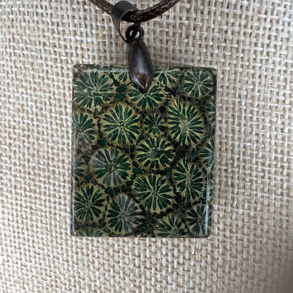 Green and Brown Coral Fossil Square Pendant Necklace on Brown Rope - Picture 9 of 12
